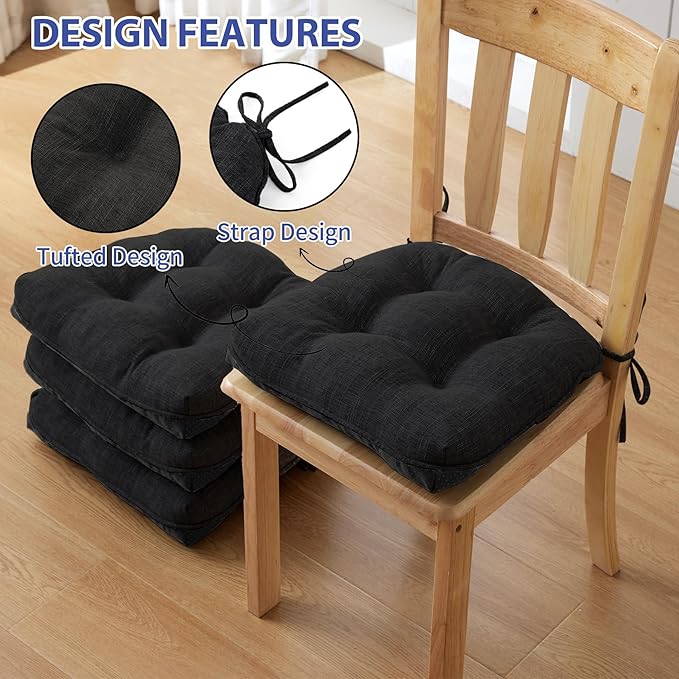 IPYNBAP Chair Cushions for Dining Chairs Set of 4, Kitchen Chair Cushions, Chair Pads with Ties and Non Slip Backing, Tufted Memory Foam Seat Cushion 4 Pack, 18" x 18" x 4", Black