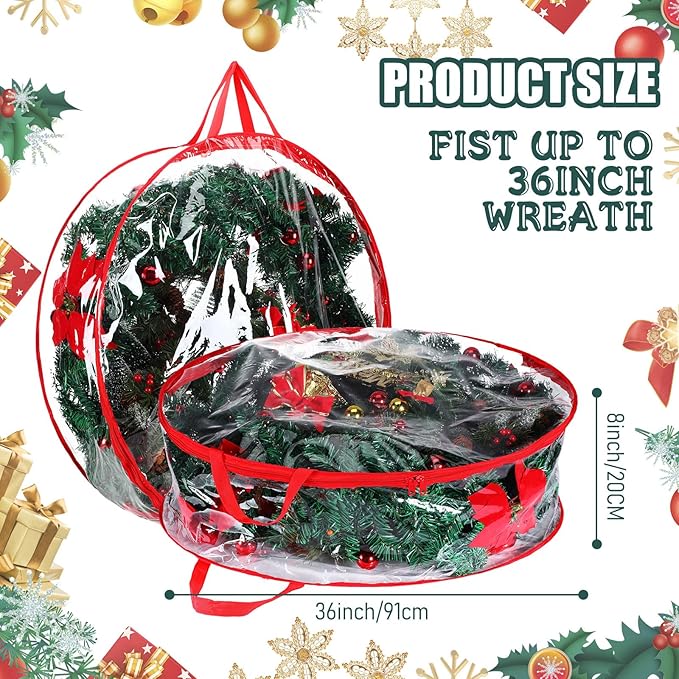 Shappy 4 Pcs 36 Inch Back to School Wreath Storage Container Clear Wreath Storage Bags PVC Waterproof Garland Bags with Clear Window Dual Zippers and Handles for Holiday Artificial Garland (Red)