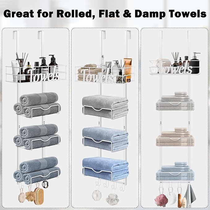HarJue Over The Door Towel Racks, No Drill Towel Storage with Basket & Hooks, Space-Saving Multi-Functional Towel Holder for Bathrooms, bedrooms, Apartments, RVs (White, 5 Tier)