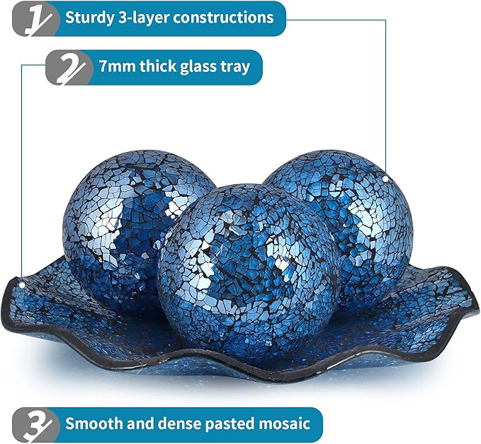 MDLUU Centerpiece Bowl and Balls Set, Mosaic Tray with 3 Pieces Spheres, 12" Decorative Plate with 4" Mosaic Orbs for Home Decor, Gift (Turquoise)