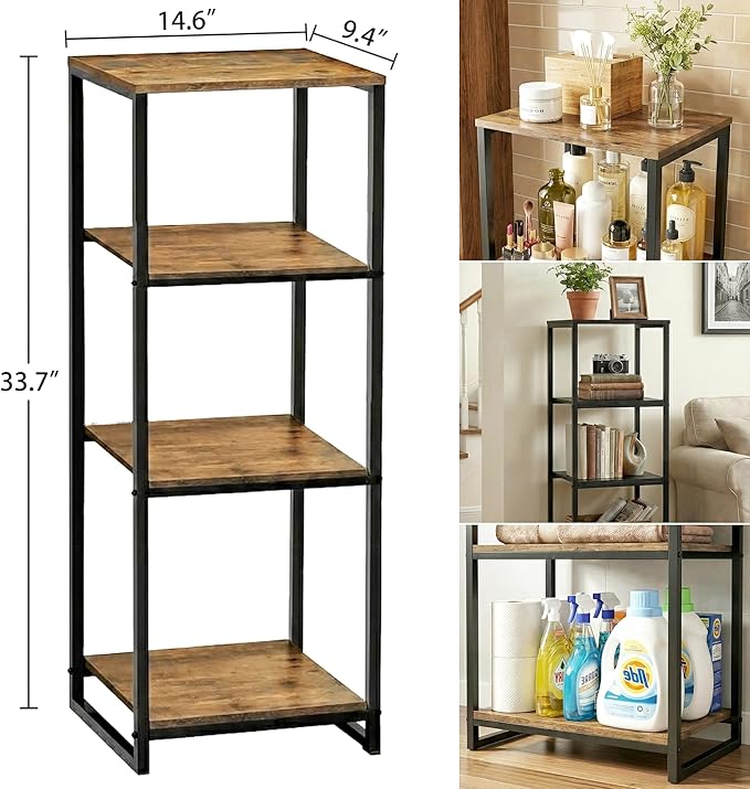 4-Tier Bathroom Shelving Unit, 33.7" H Narrow Open Floor Shelves, Metal Corner Slim Storage Rack for Bathroom Laundry Room Kitchen Living Room, Rustic Brown