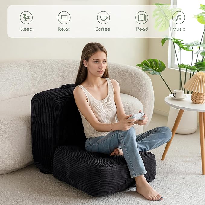 HIGOGOGO 8" Extra Thick Floor Pillow Cushion for Adults, Meditation Cushion Pillow, Large Square Floor Sitting, Tufted Corduroy Cover, for Tatami Living Room or Yoga, 22x22 Inch, 2Pack, Black