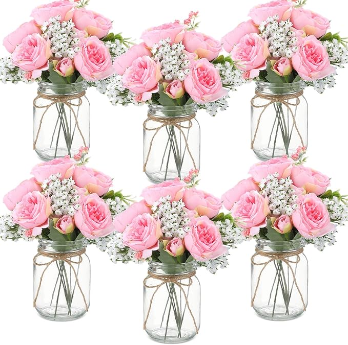 Zeyune Mason Jar Centerpiece Table Decorations, Artificial Peony Baby's Breath Flower Bouquets, Faux Flowers with Vase, Rustic Decor Gifts for Home, Wedding, Holiday(6 Sets,Coral Pink)