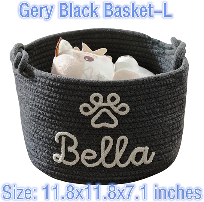 FKOG Hand Personalized Cotton Rope Storage Basket, Custom Pet Dog or Cat Name Basket Organizer, Pet Dog Gift Basket, Puppy Toy Bag (Black Pet Basket)