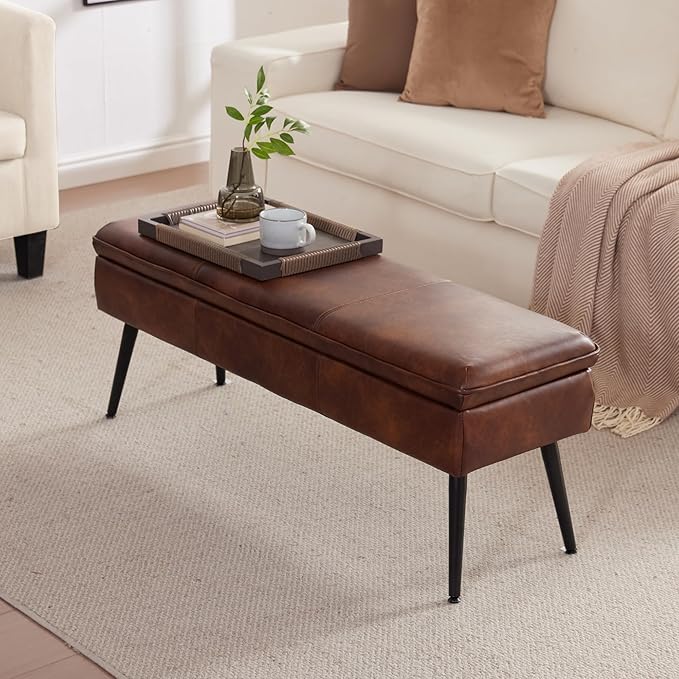 Ottoman with Storage Bench, End of Bed Bench with Flipping Lid, Mid-Century Modern & Faux Leather with Stitching, Loads 660 lb, for Living Room, Bedroom, Entryway, Retro Brown