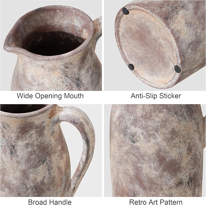 Ceramic Flower Vase with Handles,11" Neutral Tall Clay Terracotta Vases Farmhouse Table Vases with Handle Living Room Decor Rustic Pottery Pots for Home Shelf Coffee Dining Desk Fireplace