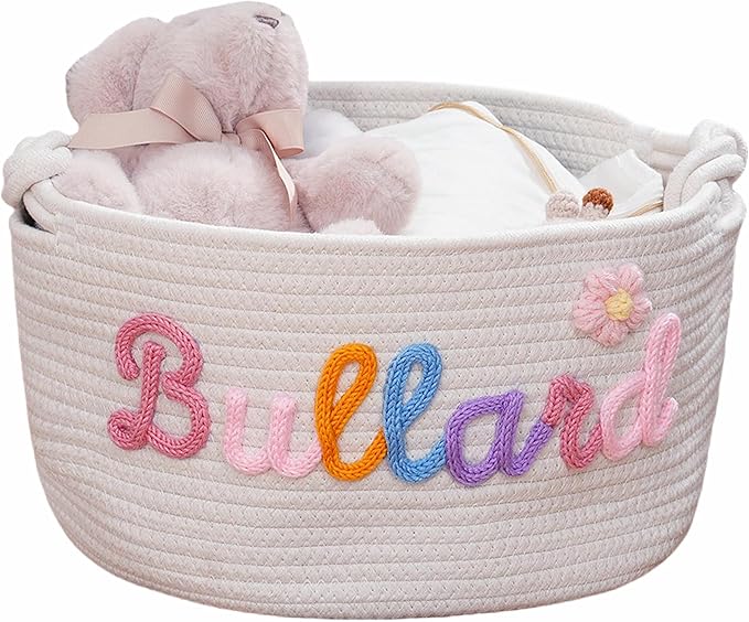 FKOG Personalized Baby Shower Basket Gift, Custom Name Cotton Rope Storage, Baby Nursery Organizer, Baby Show Gift Basket, Newborn Baby Baptism Gift (White round basket)