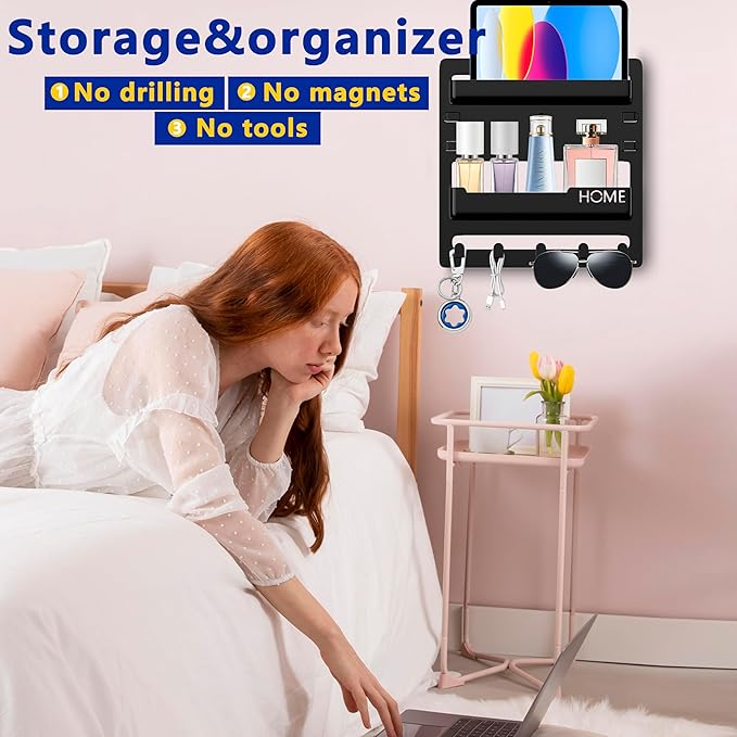 Bedside Wall Mount Organizer,Bedside Wall Shelf Accessories Floating Shelves Stick On for Bedroom Storage Organization,Aesthetic Room Dorm Decor for Girls,Cute Stuff for Teens,5 Hooks-Black