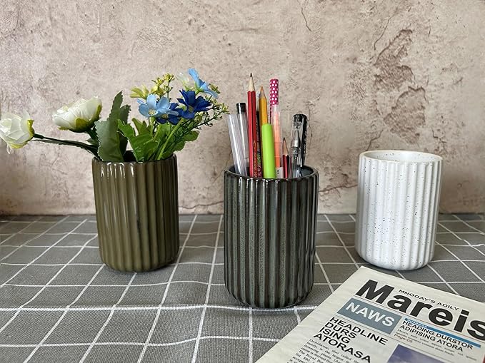 TOPYOKK Stoneware Coffee Bar Utensil Holder Tea & Coffee Spoon & Stirrer Holder for Stir Stick Straw Teaspoon Holder Spoon Cup Small Utensil Jar Fluted Vertical Stripe (Spotted White)