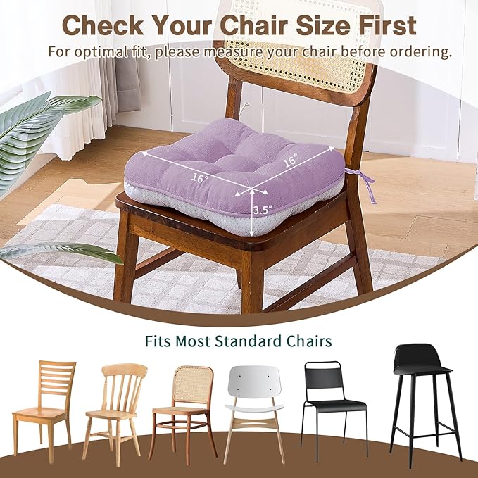 BETU Chair Cushions for Dining Chairs Set of 6,3.5" Thick Kitchen Table Chair Pads with Ties,Non Slip Backing and Covers, Seat Cushion for Dining Room,Bar,Patio Chairs,16"X16"X3.5",Purple