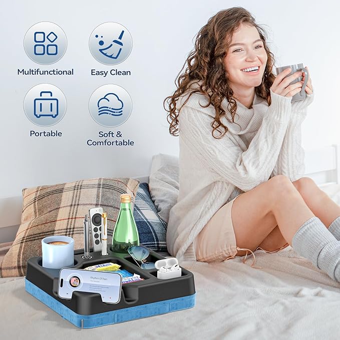 Couch Cup Holder Tray Couch Cup Holder Pillow Bed Tray Snack Sofa Bed Caddy Organizer Beach Sofa Drink Holder Anti-Spill Portable Snack Caddy Couch Remote Holder for Phone Pad Kindle Beverage Blue