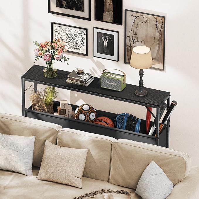 Asgolion Narrow Console Table, 47.2" Long Entryway Table with Storage Basket, Hallway Table, Mordern Industrial Sofa Tables for Living Room, Bedroom, Foyer, Office, Anti-tip Kit, Black
