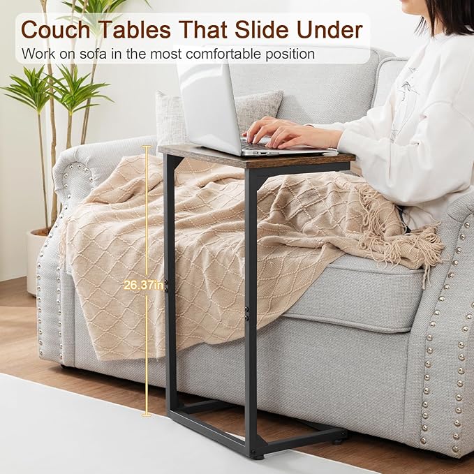 AMHANCIBLE C Shaped End Tables Set of 2, Couch Side Tables that Slide Under, TV Trays for Living Room, Bedroom, Small Space, Sofa, Rustic Brown, HET02BBR