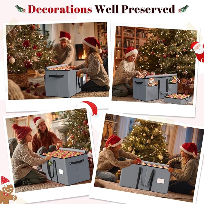 Keten Christmas Ornament Storage Boxes with 8 Individual Trays, Fits 128 Holiday Ornaments 3-Inch, Christmas Ball Accessories Container with 48 Dividers, Dual Zippered Closure, 600D Oxford (Grey)