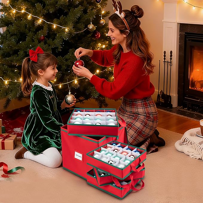 Christmas Ornament Storage Box with 4 Trays, Holiday Decor Storage Organizer for 64 Balls, Zippered Oxford Fabric Bin with Adjustable Dividers & Removable Compartments
