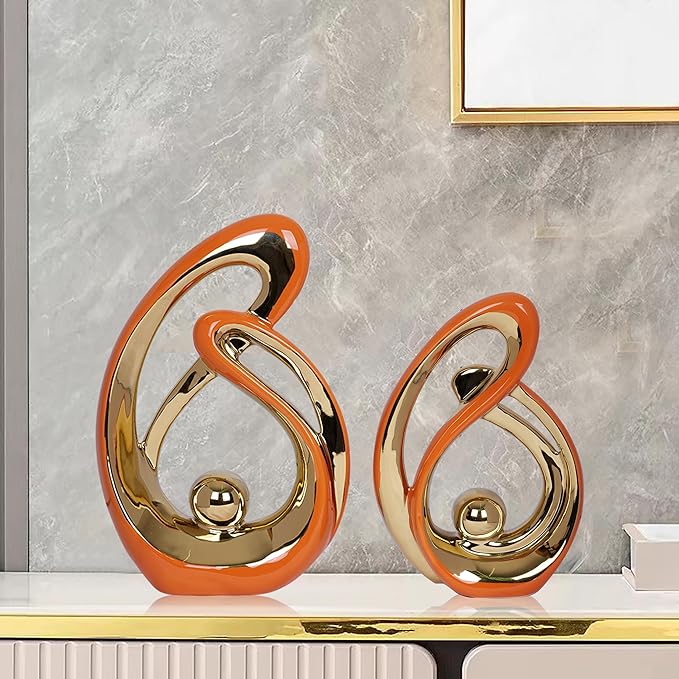 2 PCS Orange Decor Accent Ceramic Statue Orange Gold Mid Century Modern Home Decor Accents Sculpture Decorations Centerpieces for Living Room Bookshelf Shelf Coffee Table Kitchen Office Dining Table