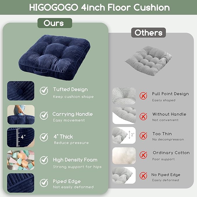 HIGOGOGO Floor Pillow Cushion for Adults, Meditation Cushion Pillow, Large Square Floor Sitting, Tufted Corduroy Cover, for Tatami Living Room or Yoga, 22x22 Inch, Navy