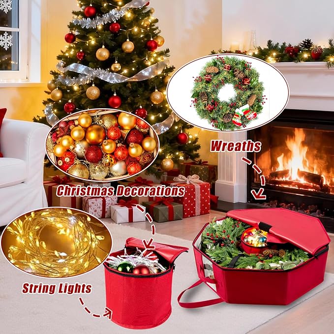 BrilliantJo Wreath Storage Hard Shell Christmas Decorations Case Bag with Interior Pockets 600D Oxford Fabric 24 Inch Xmas Container Box for Holiday Zipper and Handles Labeling Card Slot Red