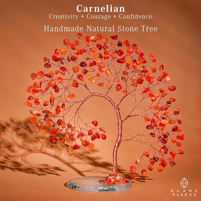 Crystal Tree of Life for Home, Office, Room, Wall Decor to Bring Money & Good Luck, Handmade Carnelian Reiki Healing Chakra Tree, Unqiue Birthday Gifts for Women, Men, Mom & Dad