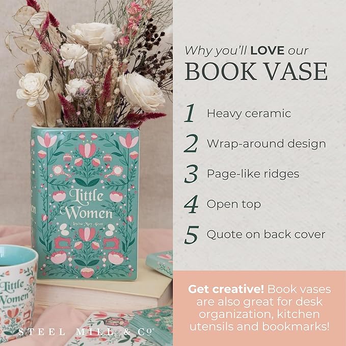 Steel Mill & Co Original Large Book-Shaped Decorative Vase, Ceramic Vases for Home Decor, Cute Bookshelf Decor, Unique Vase for Mother's Day, Little Women