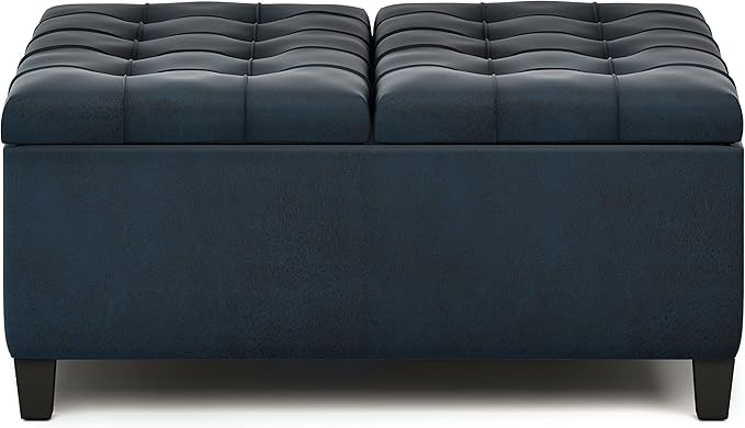SIMPLIHOME Harrison Coffee Table Storage Ottoman - 36 inch Wide Upholstered Vegan Leather Square Lift-Top Ottoman in Distressed Dark Blue, Transitional Ottoman for Living Room with Hidden Storage