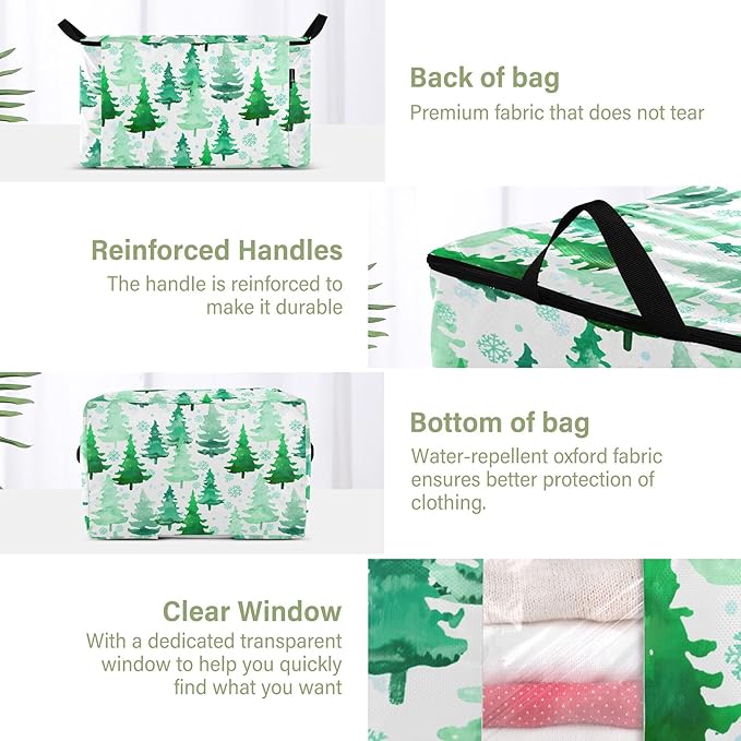 Burbuja Christmas Tree Clothes Storage Bag with Lids and Handle, 2 Pack Foldable Blanket Storage Container with Sturdy Zipper & Clear Window for Bedroom Closet, 60L