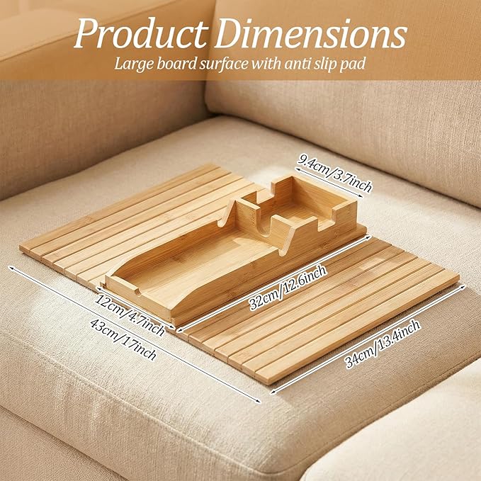 Couch Cup Holder Tray, Bamboo Couch Arm Cup Holder 2 in 1 Anti-Slip Sofa Armchair Caddy Table with Detachable Cups Holders Foldable Sofa Arm Organizer Tray for Drinks Cellphone Snacks Remote