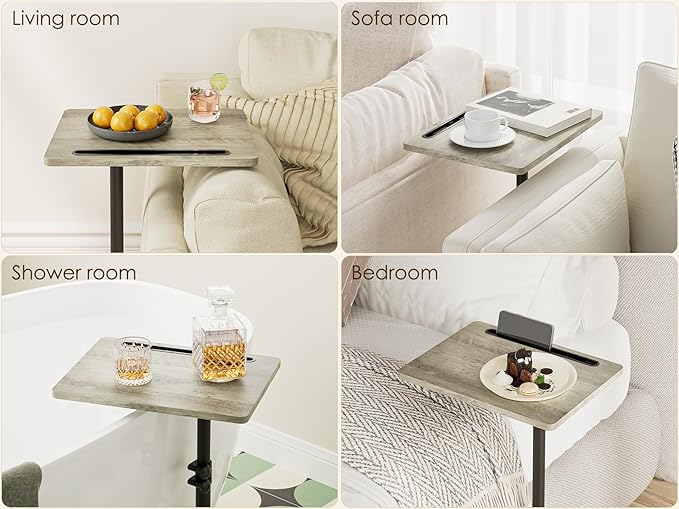Masupu Sofa Arm Tray Table - 360° Swivel Height Adjustable End Table, Small Snack Side Table for Couch, C Shaped Table for Bed, Chair or TV Tray Table(Greige)