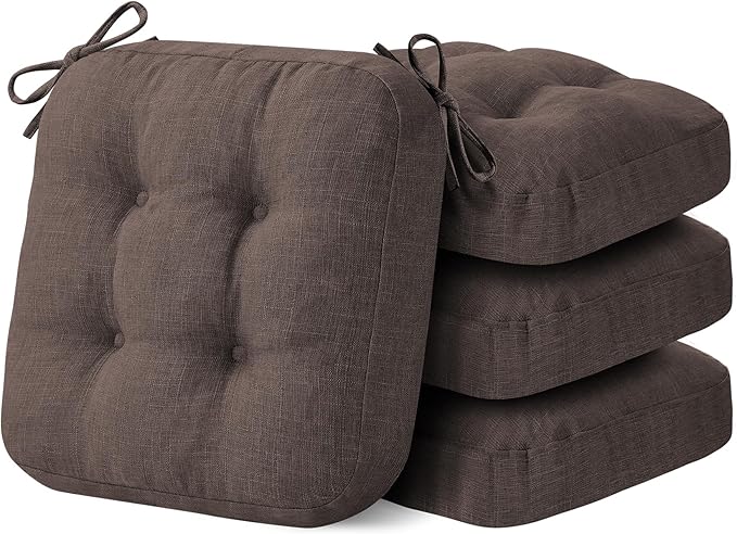 IASEAHK Chair Cushions for Dining Chairs, Dining Chair Cushions, Tufted Indoor Chair Pads with Ties & Non Slip Backing, Seat Cushions for Kitchen Chairs 16.5” x 16.5” x 3.5”, Set of 4, Brown