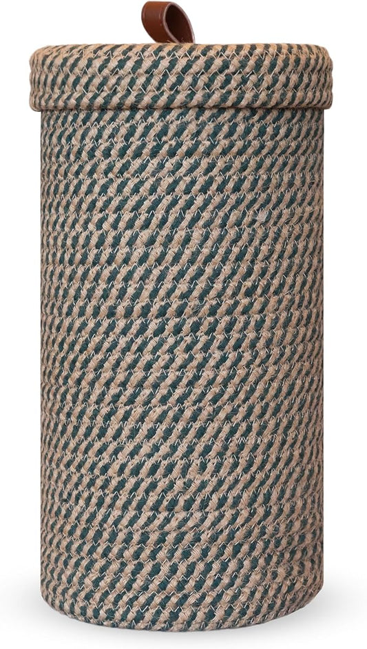 Handmade Cotton & Jute Toilet Paper Holder – Woven Toilet Paper Stand & Storage Basket with Lid, Freestanding Organizer for Bathroom, Fits 3 Rolls Green