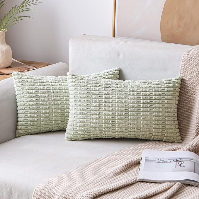 MIULEE Pack of 2 Spring Corduroy Decorative Lumbar Throw Pillow Covers 20x12 Inch Soft Boho Striped Pillow Covers Modern Farmhouse Home Decor for Summer Sofa Living Room Couch Bed Light Green