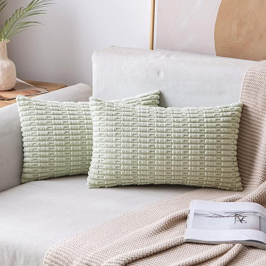 MIULEE Pack of 2 Spring Corduroy Decorative Lumbar Throw Pillow Covers 20x12 Inch Soft Boho Striped Pillow Covers Modern Farmhouse Home Decor for Summer Sofa Living Room Couch Bed Light Green