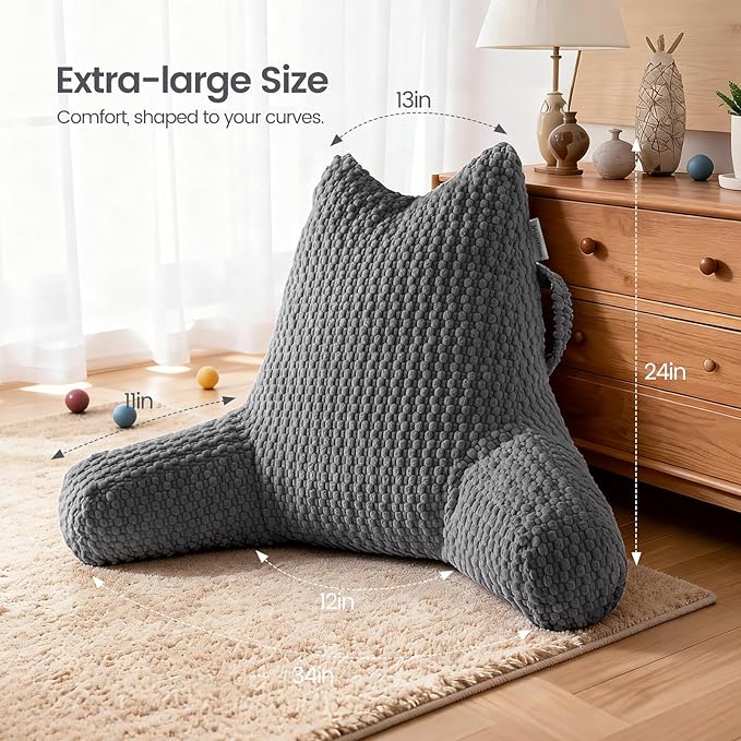Reading Pillow for Bed Sitting Up, Backrest Pillow with Shredded Memory Foam Filling, Back Support Cushion, Bed Rest Pillow with Arms, Pockets and Washable Cover-Grey