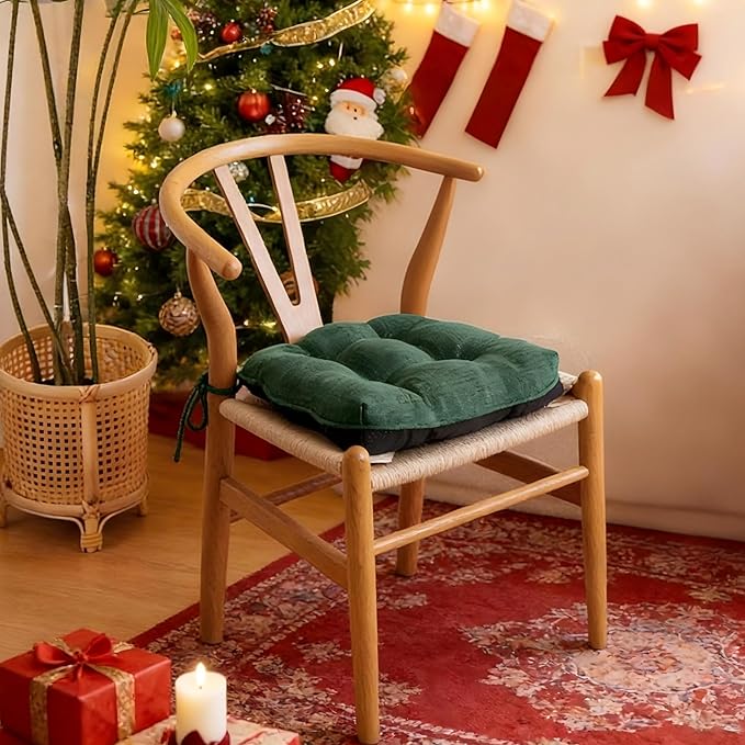 IPYNBAP Chair Cushions for Dining Chairs Set of 4, Kitchen Chair Cushions, Chair Pads with Ties Non Slip Backing, Christmas Room Decor, Tufted Memory Foam Seat Cushion 4 Pack, 18"x18"x4", Dark Green