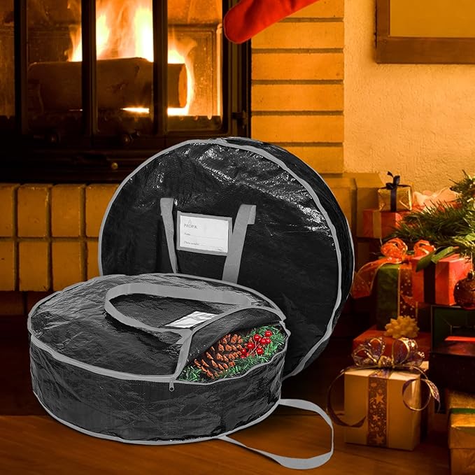 ProPik Christmas Wreath Storage Bag 30" - Garland Holiday Container with Tear Resistant Material - Featuring Heavy Duty Handles and Transparent Card Slot - 2 Pack (30 Inch, Black)