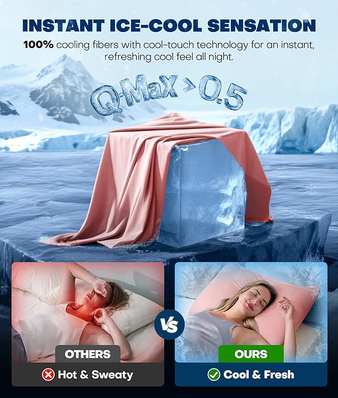 Ultra-Chill Cooling Pillowcase Set of 2 for Hot Sleepers, Softer Than Silk Pillow Cases for Protecting Hair & Skin, Breathable Bed Pillow Covers w/Zipper, Gifts for Women Men (Pink, Standard)