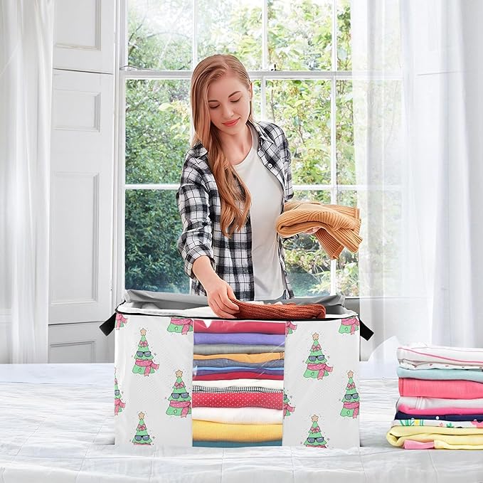 Burbuja Christmas Tree Clothes Storage Bag with Lids and Handle, 2 Pack Foldable Blanket Storage Container with Sturdy Zipper & Clear Window for Bedroom Closet, 60L