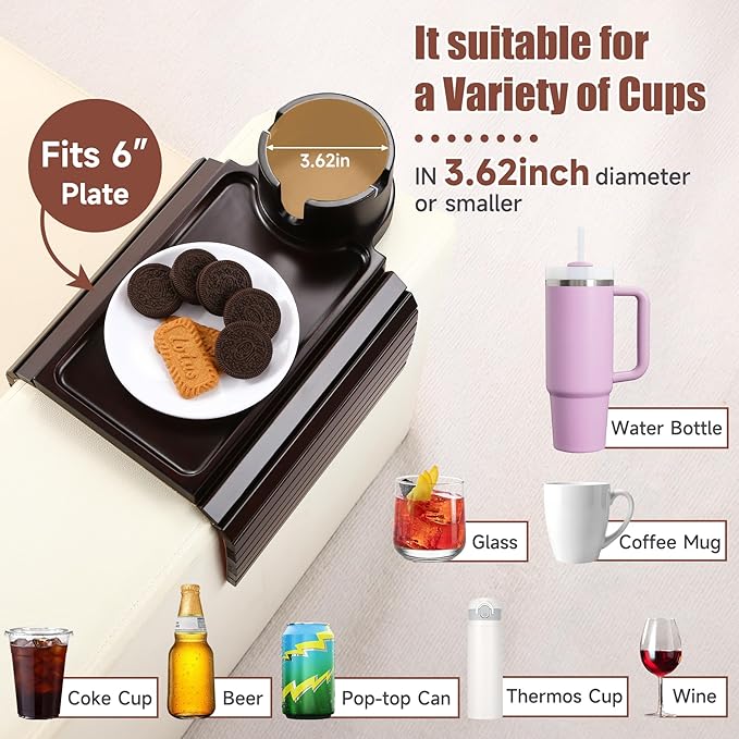 SINWANT Couch Cup Holder Tray, 2 in 1 Bamboo Couch Armrest Table Clip on Sofa Armrest Table,Foldable Anti Silp Arm Rest Side Tray for Drink Coffee Mug, Snacks, Remote