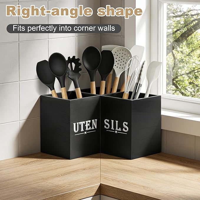 Extra Large Kitchen Utensil Holder for Countertop, Three Compartment Wooden Utensil Holder Farmhouse Decor Perfect for Storing Spatulas and Cooking Tools