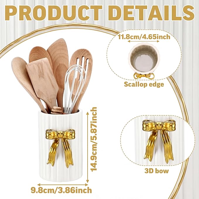 LemonRoad Ceramic Utensil Holder Kitchen Handmade Gold Bow 3D Cooking Utensil Crock with Scalloped Edge Design Vintage Retro Storage Caddy Organizer Vase Decor for Kitchen Accessories Countertop Gift