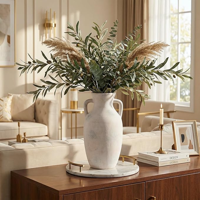 Ceramic Flower Vase with Handles, Neutral Tall Clay Decorative Terracotta Vases Farmhouse Table Vases Living Room Decor Rustic Pottery Pots for Home Shelf Coffee Dining Desk (A-12 h-Antique Beige)