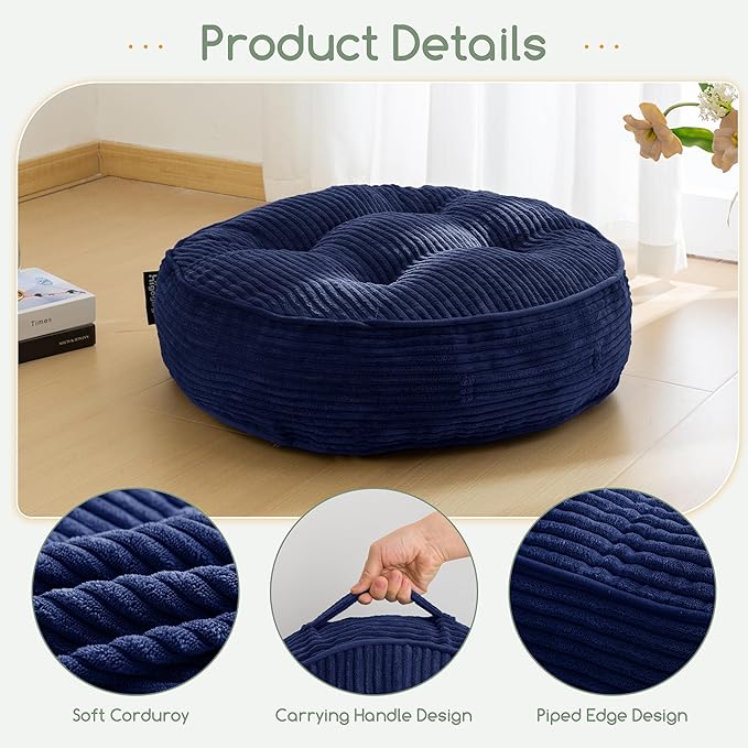 HIGOGOGO 6" Extra Thick Floor Pillow Cushion for Adults, Meditation Cushion Pillow, Large Round Floor Sitting, Tufted Corduroy Cover, for Tatami Living Room or Yoga, 22x22 Inch, Navy