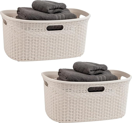 Mind Reader 40L Laundry Basket, Clothes Hamper, Premium Wicker Design, Plastic, Set of 2, Ivory