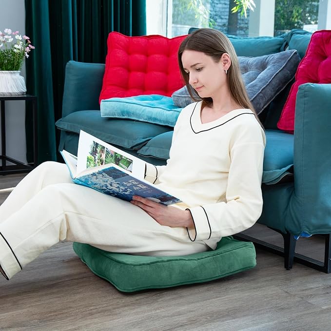 1 MIDDLE ONE Floor Pillow Set of 2, Memory Foam Meditation Cushion, Floor Cushions for Adults Sitting, Large Square Seat Cushions for Yoga, Living Room, 20x20 Inch (Green)