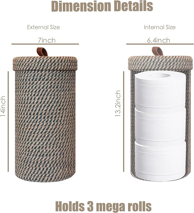 Handmade Cotton & Jute Toilet Paper Holder – Woven Toilet Paper Stand & Storage Basket with Lid, Freestanding Organizer for Bathroom, Fits 3 Rolls Green