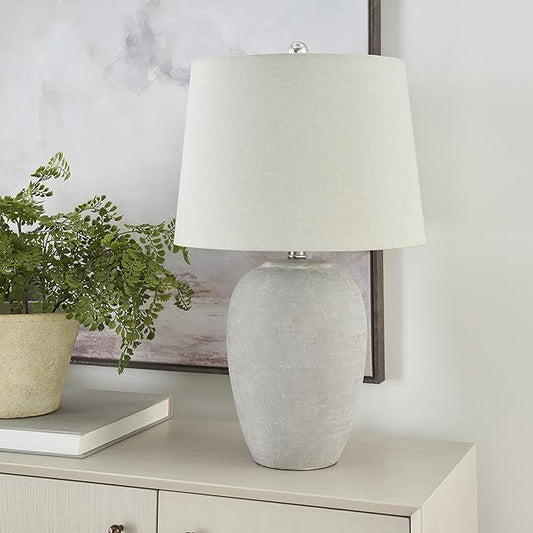 Nourison Home 23" Vintage Grey (White Washed) Ceramic Pot Table Lamp for Bedroom, Living Room, Dining, Office, with Grey Shade