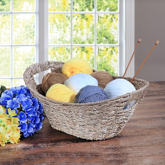 15.75×12×6.61-Oval Natural Seagrass Storage Basket with Cut-Out Handles