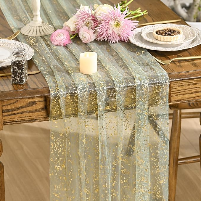 Artoid Mode 10PCS Sage Green Gold Gauze Table Runner 120 Inch 10FT, Glitter Metallic Foil Sheer Dining Wedding Anniversary Holiday Birthday Table Decor for Home Party