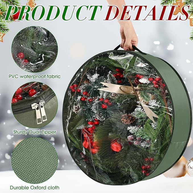 4 Pack Wreath Storage Container, 30 Inch Christmas Wreath Storage Box with Clear Window and Handles Upgrade Oxford Cloth Garland Bags with Dual Zipper for Xmas Wrapping, Green