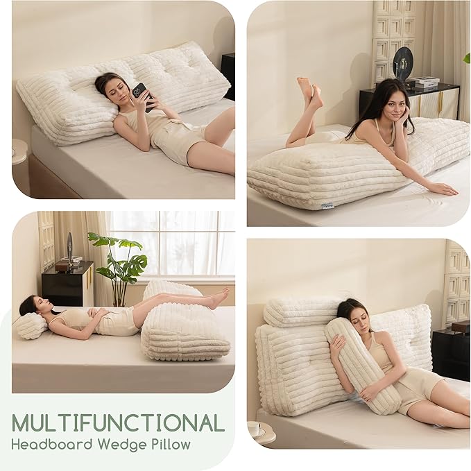 HIGOGOGO Triangular Headboard Wedge Pillow with 2 Cylindrical Pillows and Memory Foam Filling, Daybed Pillows for Sitting up, Reading or Working with Removable Cover,Queen 59.1"x19.7"